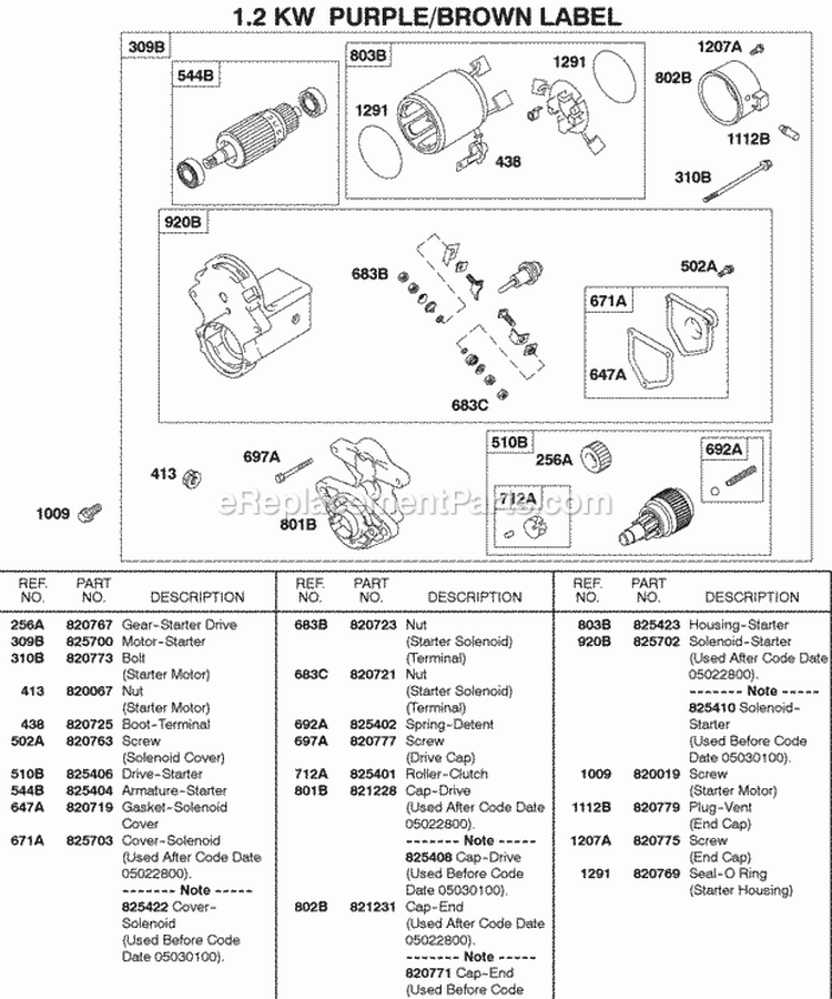 Starter Motor 12 Kw Purple Or Brown Label Diagram and Parts List for 580447-0333-E2  Briggs and Stratton Engine